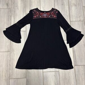 Alya Black Embroidered Swing Dress with Bell Sleeves – Size Medium